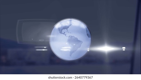 Floating globe showing American continents in digital display, with light flares and UI shapes. Geospatial, technology, innovation, virtual, analytics, dashboard, interface