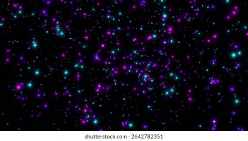 Floating glowing particles creating vivid cosmic pattern in digital space, teal and purple hues. Abstract, luminescent, futuristic, digital, vibrant, celestial, dynamic