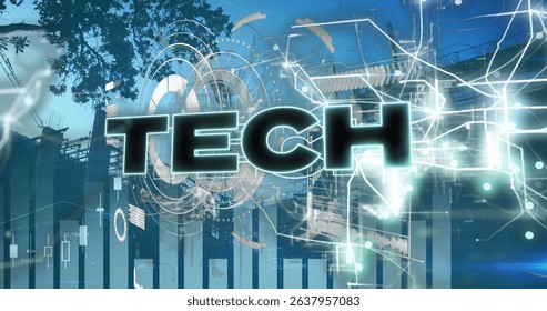 Floating glowing TECH graphic hovering over construction site facade, with holographic circuits. Futuristic, innovation, technology, urban, digital, interface, data