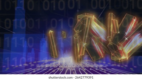Floating golden crystalline letter shapes hovering over glowing binary grid floor, network lines. Futuristic, digital, abstract, neon, technological, innovation, immersive