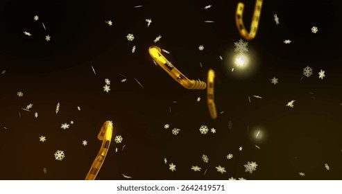 Floating golden curved tubes drifting in 3D space, with white snowflake shapes and glowing orbs. Luxury, elegance, futurism, abstract, digital art, minimalism, sophistication