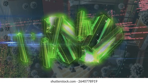 Floating green 3D letters spelling TINY hovering above office, scrolling code and virus particles. Futuristic, technology, innovation, digital, abstract, cybersecurity, corporate