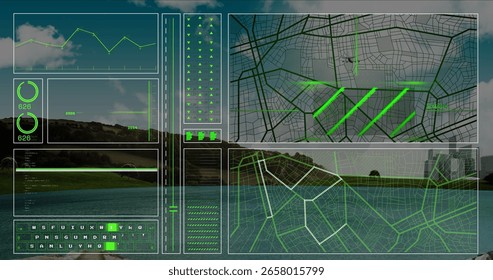 Floating green data interface showing line graph and dials at lakeside, with keyboard and map grids. Futuristic, technology, natural, visualization, interface, innovation, analytics