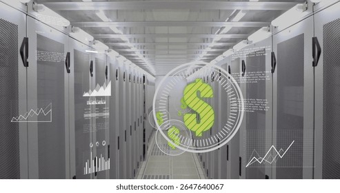 Floating green dollar-sign gauge hovering in data center aisle, displaying charts with server racks. Technology, finance, data, digital, network, cybersecurity, analytics - Powered by Shutterstock - Get 15% off with code: PIKWIZARD15