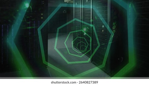 Floating green hexagon hologram above server racks, floor vents and network cables in data center. Technology, data, cybersecurity, futuristic, digital, network, infrastructure