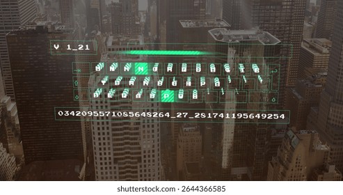 Floating green holographic keyboard with numeric code above downtown skyline, showing progress bar. Futuristic, technology, digital, interface, urban, high-rise, innovation