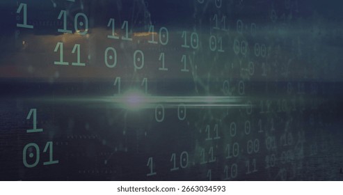 Floating green-tinted binary digits overlaying dusk seascape at open sea, with lens flare. Digital, technology, abstract, serene, futuristic, data, moody