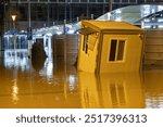 Floating guard booth of the parking lot at the Ostrava-Svinov station building. The area was submerged during the September floods in the Czech Republic, evening Sep. 15 2024