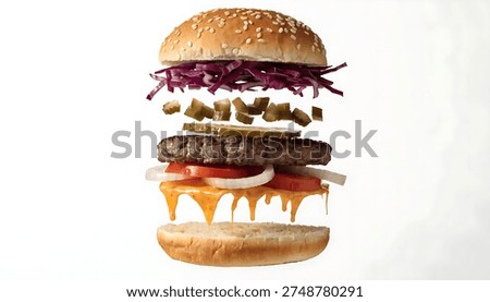 Floating hamburger with separated layers of ingredients isolated on white background