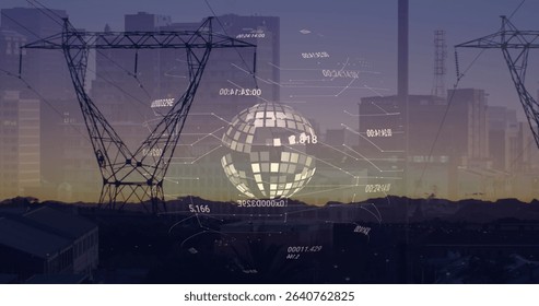 Floating holographic digital globe appearing over industrial area at dusk, with transmission towers. Futuristic, technology, smart, data, cyber, skyline, modern - Powered by Shutterstock - Get 15% off with code: PIKWIZARD15
