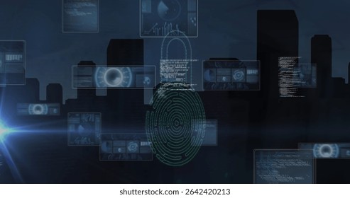 Floating holographic fingerprint covering nighttime skyline with interface panels, circular charts. Futuristic, technology, cybersecurity, digital, interface, data, high-tech