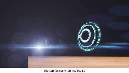 Floating holographic interface above wooden tabletop in studio with lens flare, copy space. Futuristic, technology, interface, digital, innovation, ambient, sleek