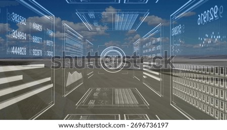 Floating holographic interface panels projecting numerical data over vast barren plain, with graphs. Futuristic, digital, technology, innovation, data visualization, modern, immersive