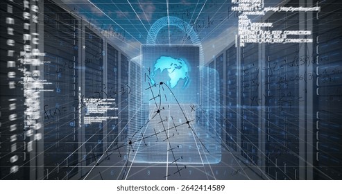 Floating holographic lock lighting server corridor, with glowing blue globe and digital grid lines. Cybersecurity, data, technology, futuristic, secure, innovation, digital