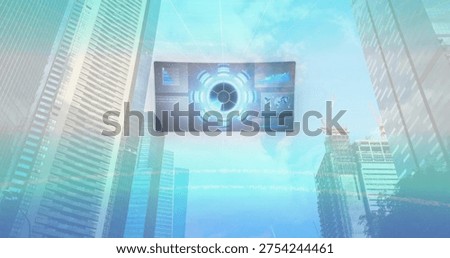 Floating holographic panel hovering over skyscraper canyon, projecting circular HUD and cranes. Futurism, cityscape, urban, digital, augmented, overlay, neon