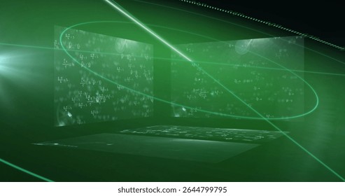 Floating holographic panels displaying math equations in chamber with green beam and particles. Futuristic, digital, hologram, visualization, technology, abstract, high-tech
