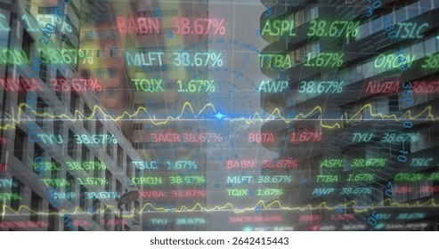 Floating holographic stock tickers and line charts rising over downtown street, with percentages. Urban, technology, futuristic, data visualization, cityscape, digital, innovation - Powered by Shutterstock - Get 15% off with code: PIKWIZARD15