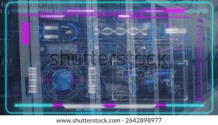 Floating holographic UI hovering in control bay, showing world map, DNA waveform, gauges, charts. Futuristic, immersive, technology, analytics, digital, visualization, sci-fi