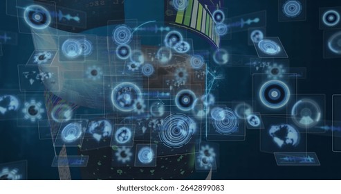 Floating holographic UI widgets forming display in dark space, with circular HUDs and bar charts. Futuristic, technology, data visualization, interface, digital, immersive, hud