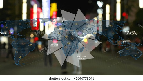 Floating holographic world map projecting data icons over blurred nighttime urban street, neon glow. Technology, innovation, futurism, cityscape, cyberpunk, data visualization, digital transmission