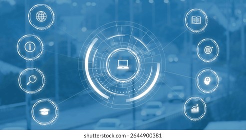 Floating HUD interface over blurred multi-lane highway, with laptop icon and educational tech icons. Futuristic, digital, interface, technology, urban, transportation, innovation