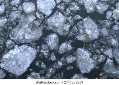 Floating ice chunks on a dark water surface.