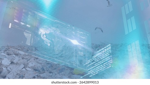 Floating interface displaying code streams over trash-strewn dump site, with 3D globe and seagulls. Futuristic, environmental, technology, pollution, monitoring, ecological, data visualization - Powered by Shutterstock - Get 15% off with code: PIKWIZARD15