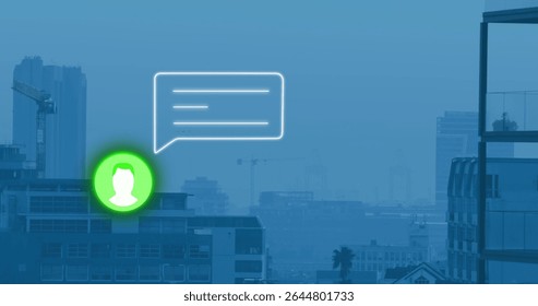 Floating interface elements hovering above office rooftop, with cranes, user icon and chat bubble. Technology, urban, modern, innovation, communication, networking, futuristic