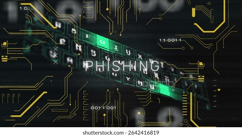 Floating keyboard glowing with green backlit keys in cyber interface, showing phishing letters. Technology, cybersecurity, digital, futuristic, abstract, innovation, electronic