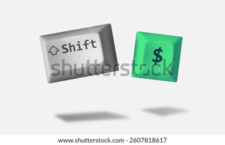 Floating keyboard keys, shift key and dollar sign icon representing shortcut to make money and business growth. Minimal 3D style isolated on plain white background