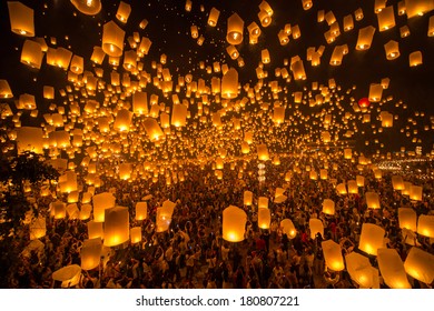 Floating Lantern, YeePeng,Firework Festival In Chiangmai Thailand