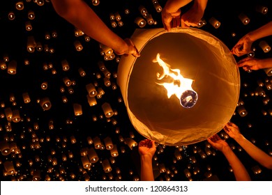 Floating Lantern, Yi Peng,Firework Festival In Chiangmai Thailand