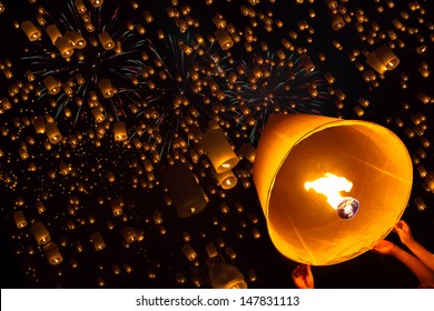 Floating Lantern, Yi Peng,Firework Festival In Chiangmai Thailand