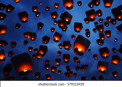 Floating Lanterns At Dawn During Pingxi Sky Lantern Festival, Taiwan.