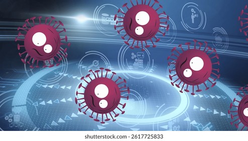 Floating maroon cartoon virus icons moving across dark digital interface, with holographic elements. Futuristic, technology, digital, holographic, network, data, abstract