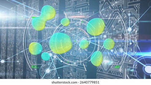 Floating multicolored holographic spheres in data interface, with network lines and circuit boards. Futuristic, technology, digital, abstract, info-visualization, connectivity, cyber