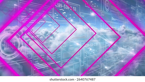 Floating neon pink diamond frames converging in virtual space, with holographic interface panels. Futuristic, technology, abstract, digital, cyber, science, immersive