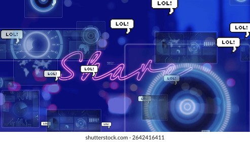 Floating neon pink Share text hovering at digital interface, with LOL bubbles, data and HUD circles. Futuristic, digital, technology, interface, data, visualization, holographic