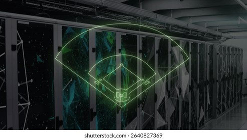 Floating neon-green baseball diamond glowing in data center corridor, with server racks and cables. Technology, data, network, cyber, infrastructure, futuristic, digital