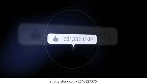 Floating notification bubble displaying 531,232 likes on dark interface, showing thumbs-up icon. Digital interface, social media, futuristic, neon, technology, user experience, virtual