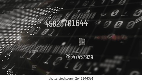 Floating numeric string drifting in data space with binary digits barcode bars and dot matrix globe. Digital, technology, futuristic, abstract, data, network, cybersecurity - Powered by Shutterstock - Get 15% off with code: PIKWIZARD15