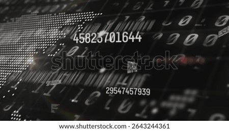 Floating numeric string drifting in data space with binary digits barcode bars and dot matrix globe. Digital, technology, futuristic, abstract, data, network, cybersecurity