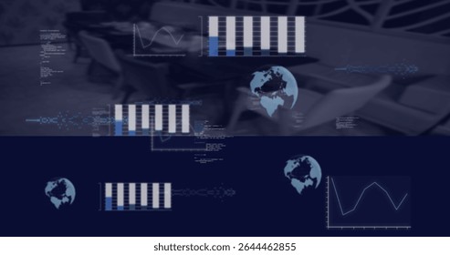 Floating overlay in conference room showing furniture and charts with globe icons and code snippets. Technology, data visualization, business analytics, corporate, digital, modern, professional