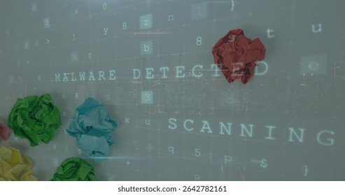 Floating overlay displaying MALWARE DETECTED, SCANNING above desk with colored crumpled paper balls. Technology, cybersecurity, digital, abstract, innovation, data, network