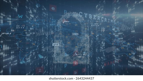 Floating padlock icon glowing over world map grid, highlighting hexagonal nodes and CYBERCRIME text. Cybersecurity, digital, technology, encryption, data, network, protection