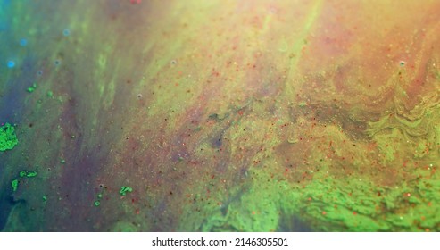 Floating Paint. Ink Water Texture. Acrylic Mixture. Epoxy Resin. Defocused Green Red Color Dye With Grain Bubble Surface Abstract Art Background.