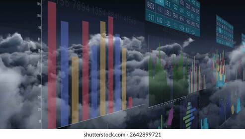 Floating panels hovering above clouds in simulation showing vivid bar and line charts ticker tables. Data, analytics, technology, futuristic, interface, digital, financial