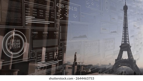 Floating panels overlaying Paris skyline at dusk, showing charts and Eiffel Tower, copy space. Futuristic, urban, reflective, analytical, vibrant, sophisticated, modern - Powered by Shutterstock - Get 15% off with code: PIKWIZARD15