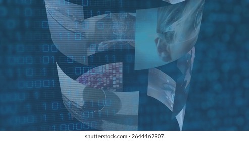 Floating panels showing globe, eye, child face, AR glasses in virtual space, with binary overlay. Technology, innovation, abstract, holographic, digital, futurism, high-tech