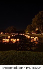 Floating Paper Lanterns In The Pond Are Decorating In The Temple Area.